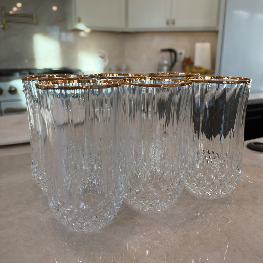 Vintage 90's Ghorham Lady Anne Highball Glasses Set of 6 Clear Gold Rim.